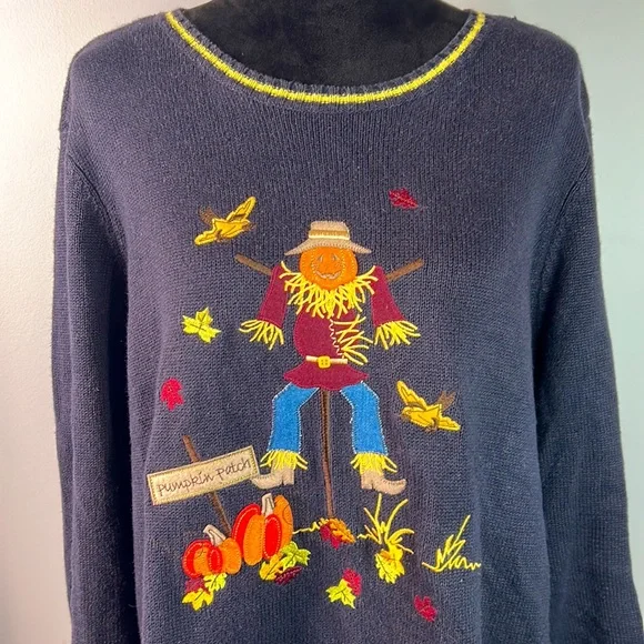 🍁 Double Sides Vintage Embroidered Felt Patch Scarecrow Pumpkin Patch Sweater - Picture 5 of 7